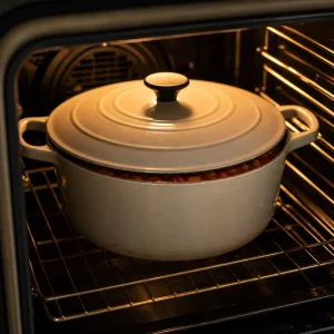 Casseruola coperta sulla griglia del forno per la brasatura