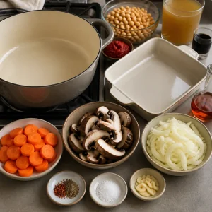 Casseruola con ceci, carote, funghi, cipolla, aglio, brodo e aceto accanto