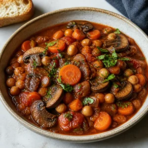 Ceci brasati finiti con carote e funghi in salsa di pomodoro