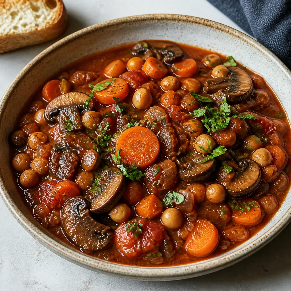 Ceci brasati finiti con carote e funghi in salsa di pomodoro