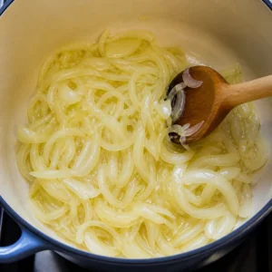 Cipolle affettate che si ammorbidiscono nell'olio d'oliva in casseruola