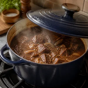 Carne e molho de cebola cozinhando suavemente em panela parcialmente tampada