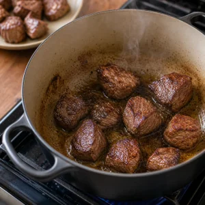 Pedaços de carne dourados em porções em uma panela pesada quente