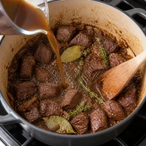 Carne dourada devolvida ao caldo com folhas de louro e tomilho fresco