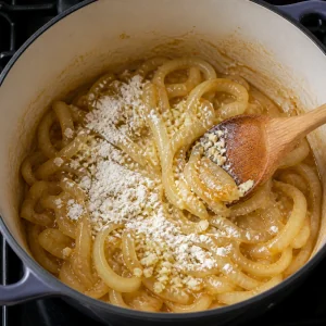 Alho picado e farinha misturados às cebolas douradas formando uma pasta