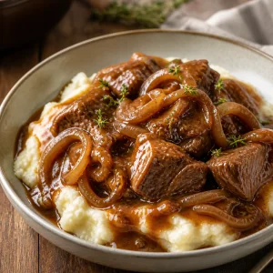 Carne macia com molho de cebola servida quente sobre purê de batatas cremoso