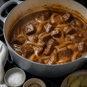 Carne macia em molho espesso e brilhante de cebola com louro removido