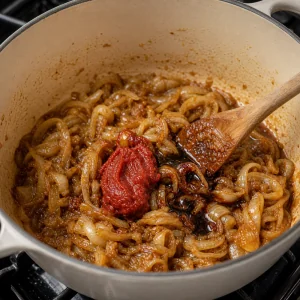 Extrato de tomate e molho Worcestershire misturados à cebola