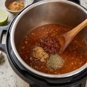 Chipotle peppers, brown sugar, oregano, and lime stirred into broth