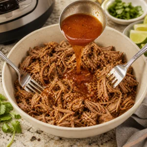 Tender pork shoulder shredded with forks and cooking liquid