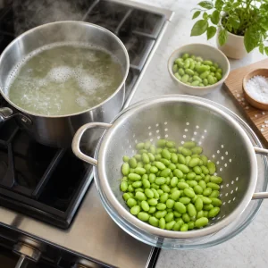 Edamame verde vivo escorrido após branquear em água fervente com sal