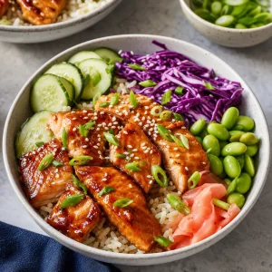 Tigela de salmão teriyaki finalizada com sementes de gergelim e cebolinha fatiada