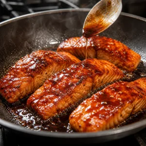 Filés de salmão caramelizados na frigideira com glacê teriyaki brilhante por cima