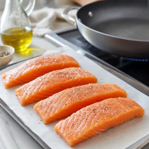 Filés de salmão secos e temperados com sal e pimenta antes de cozinhar na frigideira