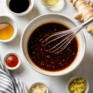 Glacê teriyaki batido com molho de soja mirin vinagre de arroz mel alho gengibre e sriracha