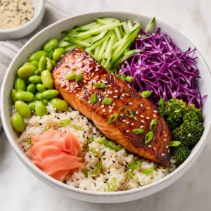 Tigela de salmão teriyaki com arroz de gergelim pepino repolho roxo edamame e gengibre em conserva