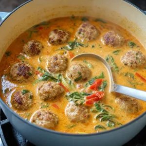 Browned chicken meatballs simmering in creamy coconut curry broth.