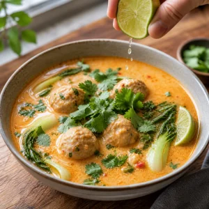 Finished Thai chicken meatball soup garnished with cilantro and fresh lime.