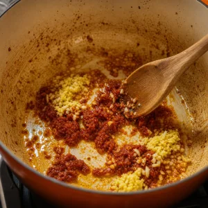 Garlic, ginger, and red curry paste sizzling in the same pot.