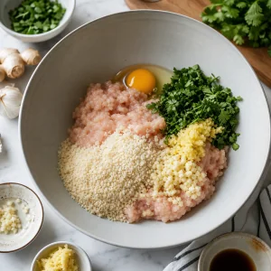 Ground chicken mixed with panko, egg, garlic, ginger, fish sauce, and cilantro in a bowl.