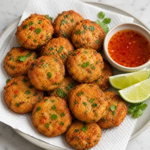 Cooked Thai fish cakes drain on paper towels with sweet chili sauce and lime nearby.