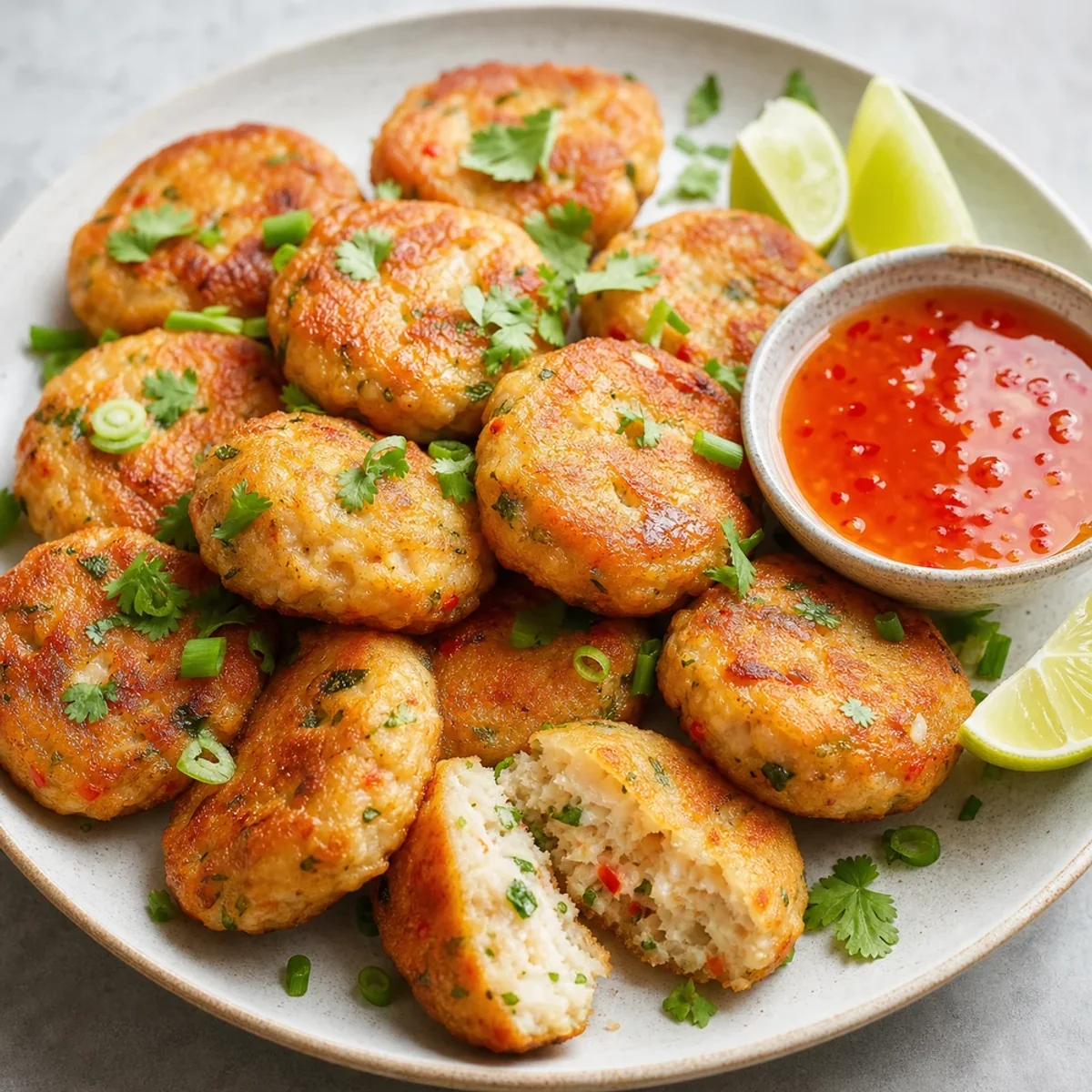 Golden Thai fish cakes served with sweet chili sauce and lime wedges.