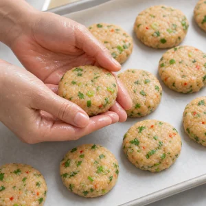 Hands shape the seasoned fish mixture into small round patties.