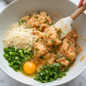 Thai fish cake mixture folded with egg, panko, green onions, and cilantro.