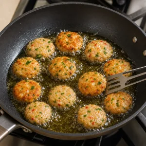 Thai fish cakes fry in hot oil until golden and crisp.