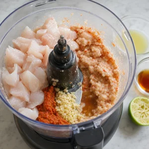 White fish chunks pulsed with red curry paste, fish sauce, lime juice, and garlic.