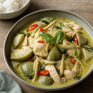Finished Thai green curry chicken with eggplant and jasmine rice
