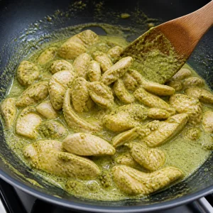 Sliced chicken coated in green curry paste