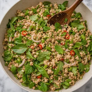 Fresh herbs tossed into the larb gai filling