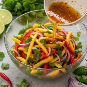 Dressing über Mango-Salat in einer Glasschüssel gegossen