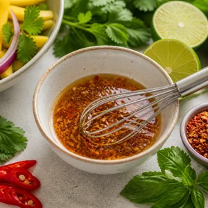 Limetten-Chili-Dressing in einer kleinen Schüssel verrührt