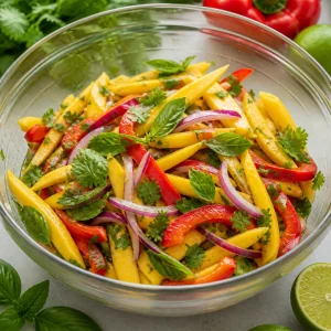 Mango-Salat-Zutaten in einer Glasschüssel gemischt