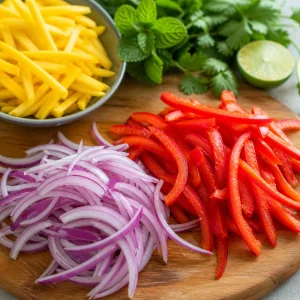 Rote Paprika und rote Zwiebel dünn geschnitten