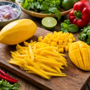 Reife Mango in dünne Streifen geschnitten