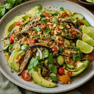 Finished smoky eggplant salad topped with chopped peanuts