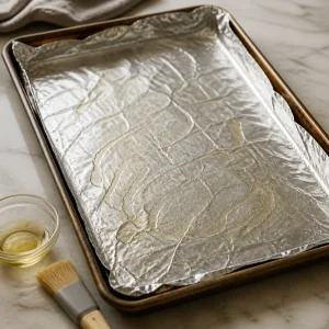 Foil-lined baking sheet brushed with oil for broiling eggplants