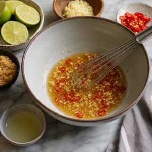 Lime chile dressing being whisked in a bowl