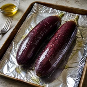 Pricked oiled eggplants on a foil-lined baking sheet