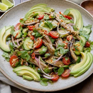 Smoky eggplant salad arranged with avocado and dressing