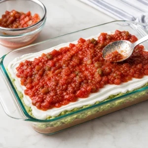 Chunky salsa being layered over sour cream