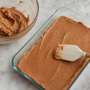 Seasoned refried beans being spread in a glass baking dish