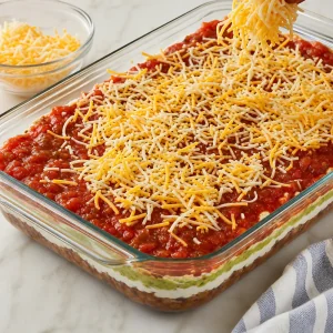 Shredded Mexican cheese sprinkled over the salsa layer