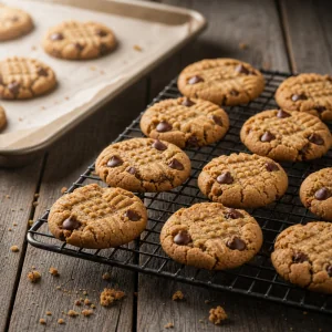 Galletas de cacahuete con chocolate enfriandose en una rejilla