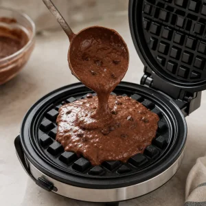 Espresso waffle batter poured into a hot waffle iron.