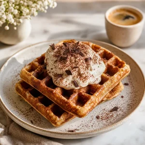 Espresso waffles topped with mascarpone cream and cocoa powder.