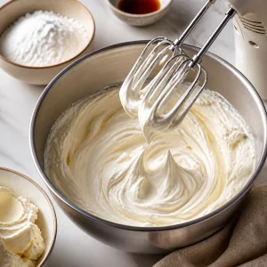 Mascarpone cream whipped to stiff peaks in a mixing bowl.